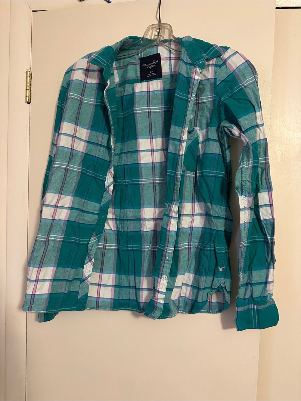 American Eagle Outfitters Teal and White Flannel Shirt Women